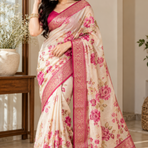 Off-White Banarasi Silk Saree with Pink Floral Print & Zari Border