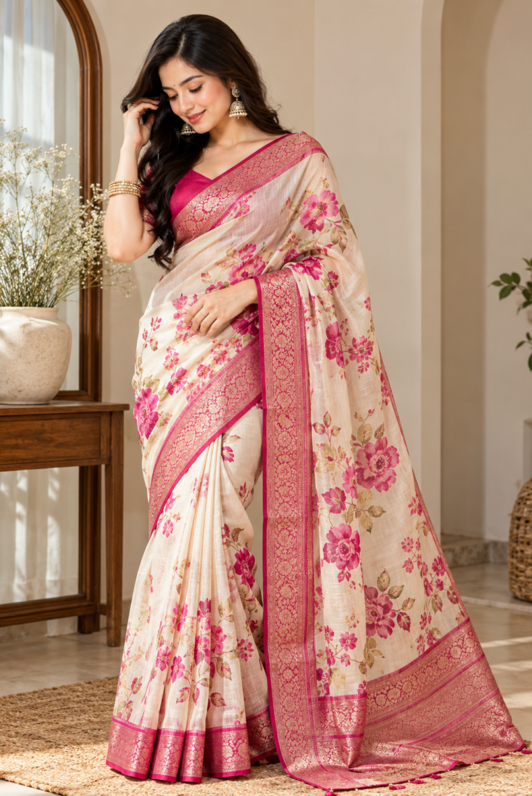 Off-White Banarasi Silk Saree with Pink Floral Print & Zari Border
